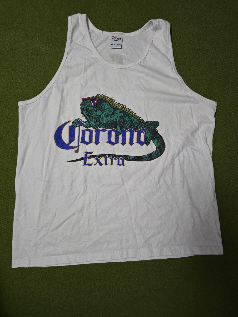 Vintage Corona White Tank Top with Green Iguana Graphic